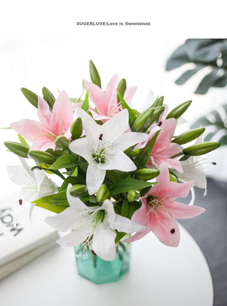 SUGER LOVE Nordic Style Multi-Head Lily Artificial Flower Bouquet, Living Room Decoration, Textured Silk Flowers, Fake Plants, Plastic Flowers 11