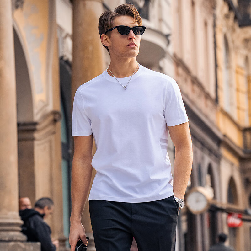 Mr.Bu Fashion Round Neck Striped Patchwork Design T-Shirt for Men, Summer Pure Cotton Short-Sleeve Top, Bright Moon White, 2XL (185)