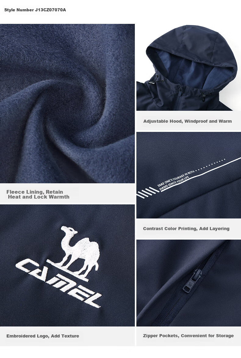 CAMEL Sports Jacket, New Style for Men And Women, Spring And Autumn Collection, Slim Fit, Fleece-Lined Casual Jacket, Outdoor Water-Repellent Hiking Wear, Windbreaker 14