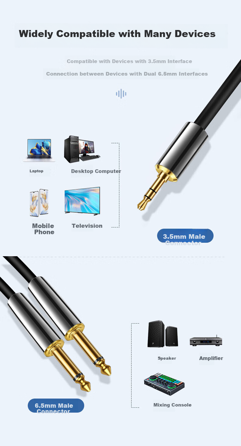 Beishanque 3.5mm to Dual 6.5mm Audio Cable Splitter, 3.5 to Dual 6.35 Large Two-Core Cable, for Connecting Phones, Laptops, Mixing Desks And Speakers, 1 Meter BSQ-R022 5