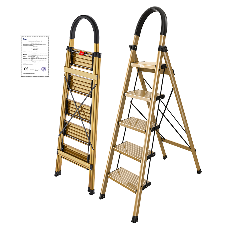 DU PONT Folding Aluminum Alloy Ladder for Home Use, Thickened A-Frame Ladder, Climbing Ladder, Safety Ladder, Handrail Ladder, Champagne Gold, 5 Steps