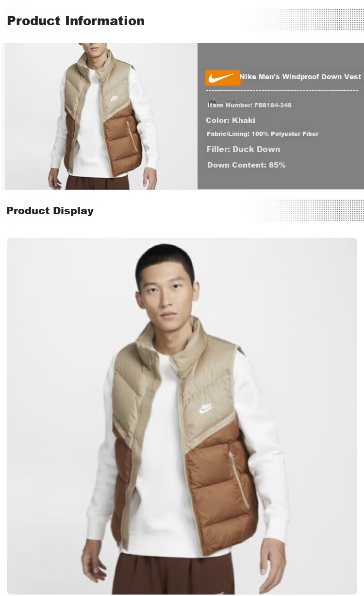 NIKE Men's Winter Stand-Collar down Vest, Sports Cold-Proof Jacket, WR Series FB8184-248 Khaki M 1