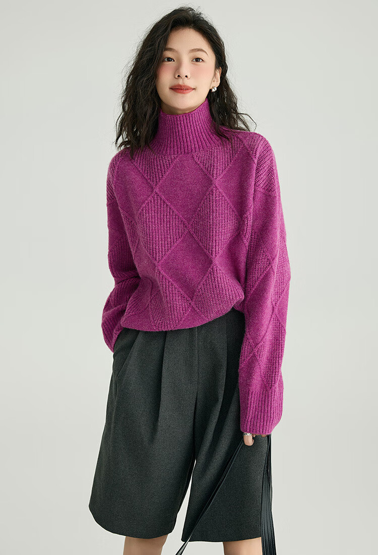 Demana Slightly Drunk Knitwear Stylish Diamond Pattern Slim Fit Sweater for Women Purple Red S 4