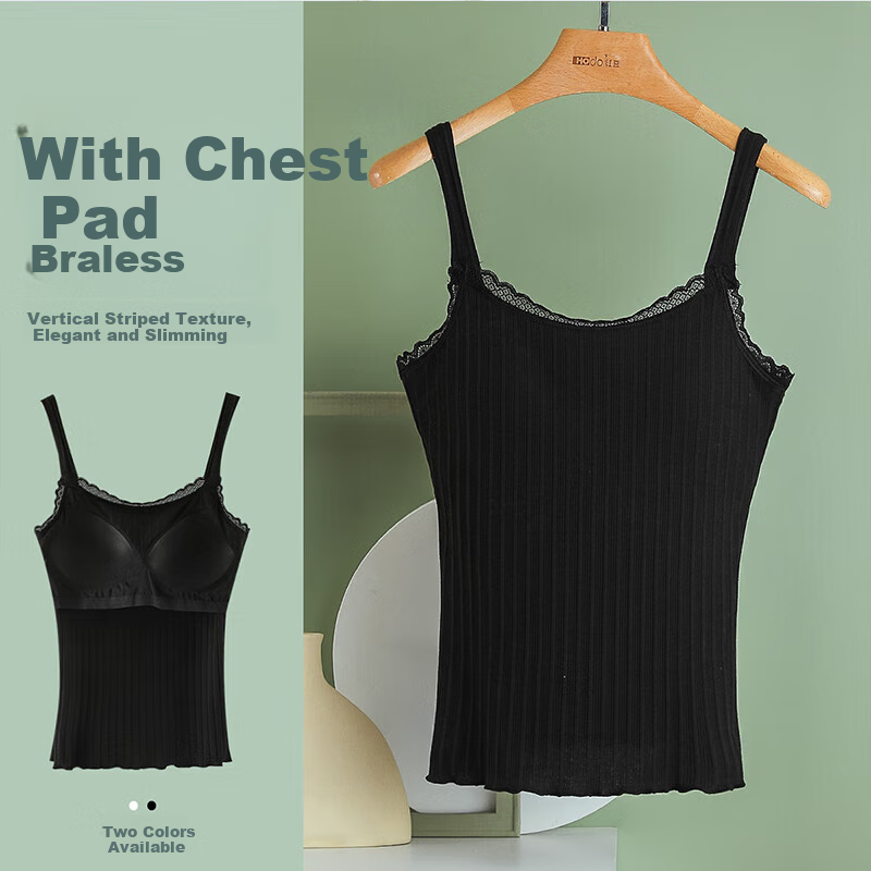 Hodo Bra-Free Tank Top for Women, Japanese-Style Striped with Chest Pads, Vertical Stripes, Beautiful Back Camisole, Elegant Black, 170/95
