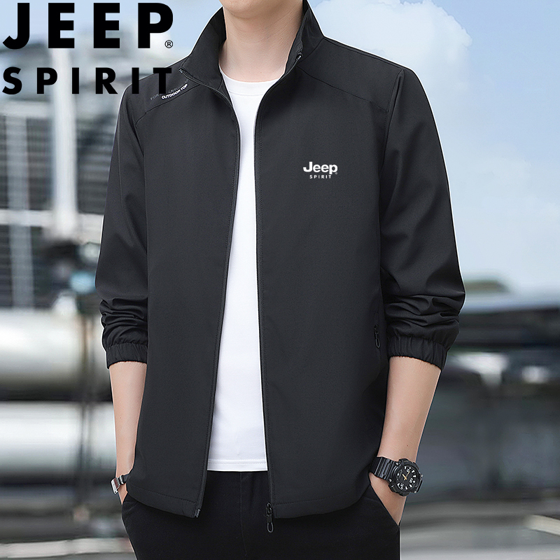 JEEP SPIRIT Men's Jacket, Versatile Casual Stand-Collar Business Outdoor Sports Coat for Spring And Autumn, Black, 2XL