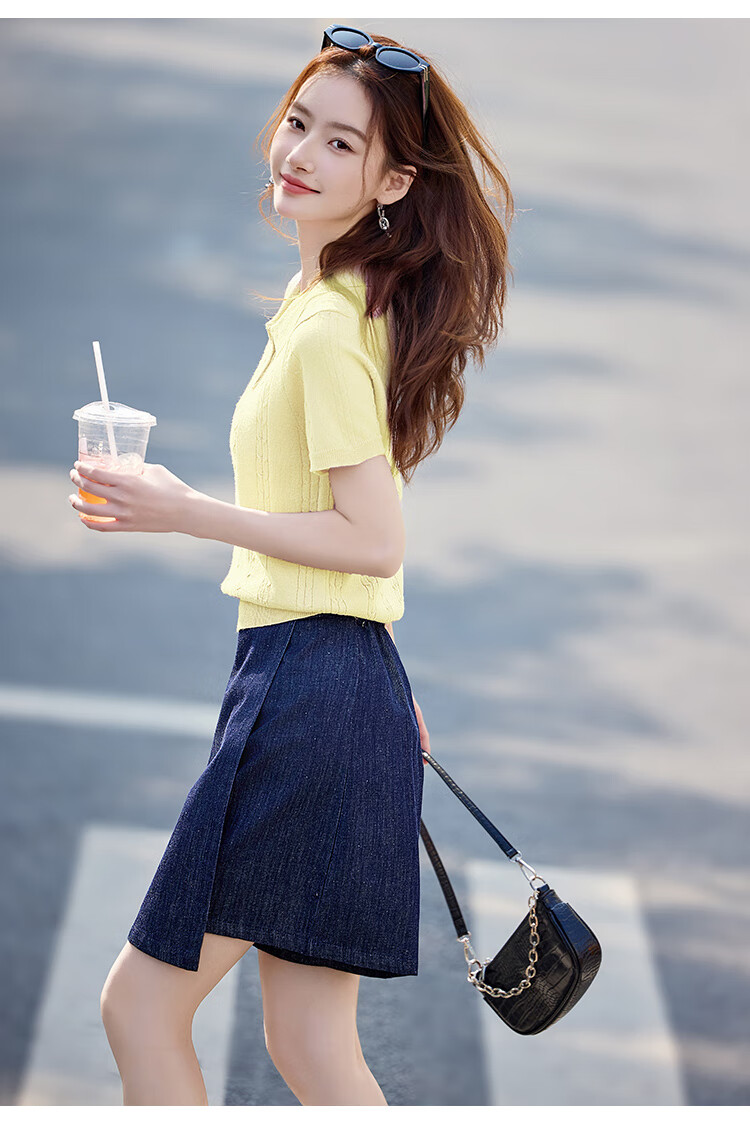 Shangjing Women's Short Sleeve Knit Top Summer New Sweet Polo Collar Slim T-Shirt 18