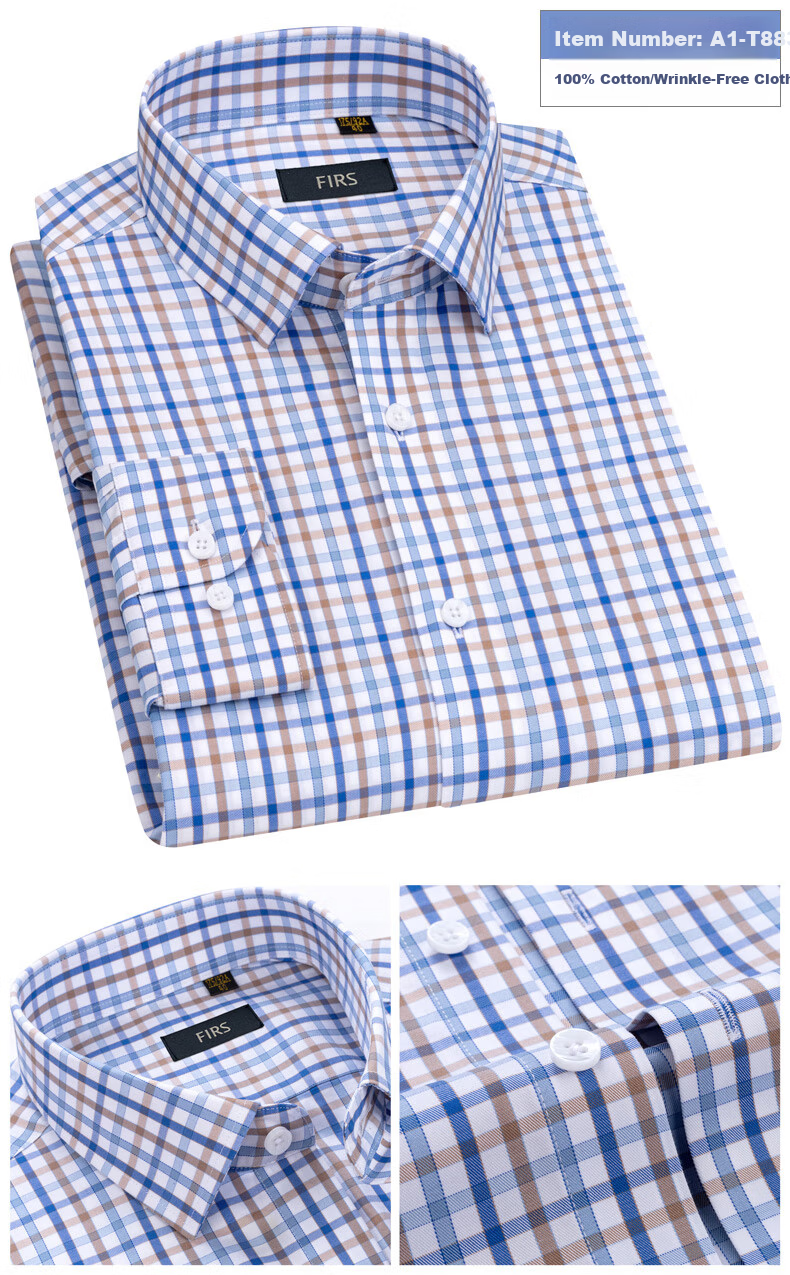 FIRS [DP Wrinkle-Free] Men's Long-Sleeve Shirt, Wrinkle-Free Business Casual Pure Cotton Shirt, A1-T882 Long-Sleeve Blue Plaid, Size 38 2