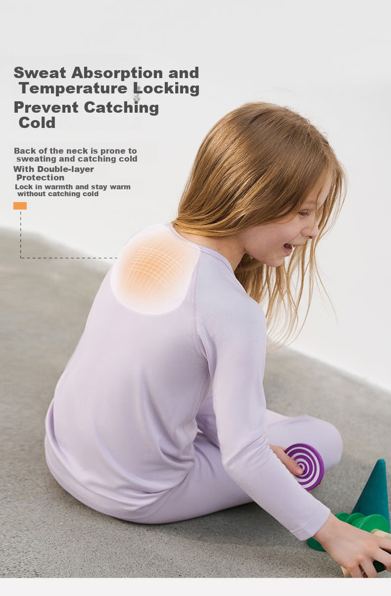 Aimer Kids Extra Warm Moisture-Wicking Thermal Underwear for Girls, Double-Layer Belly And Neck Protection, Purple Autumn Top, Size 140 6