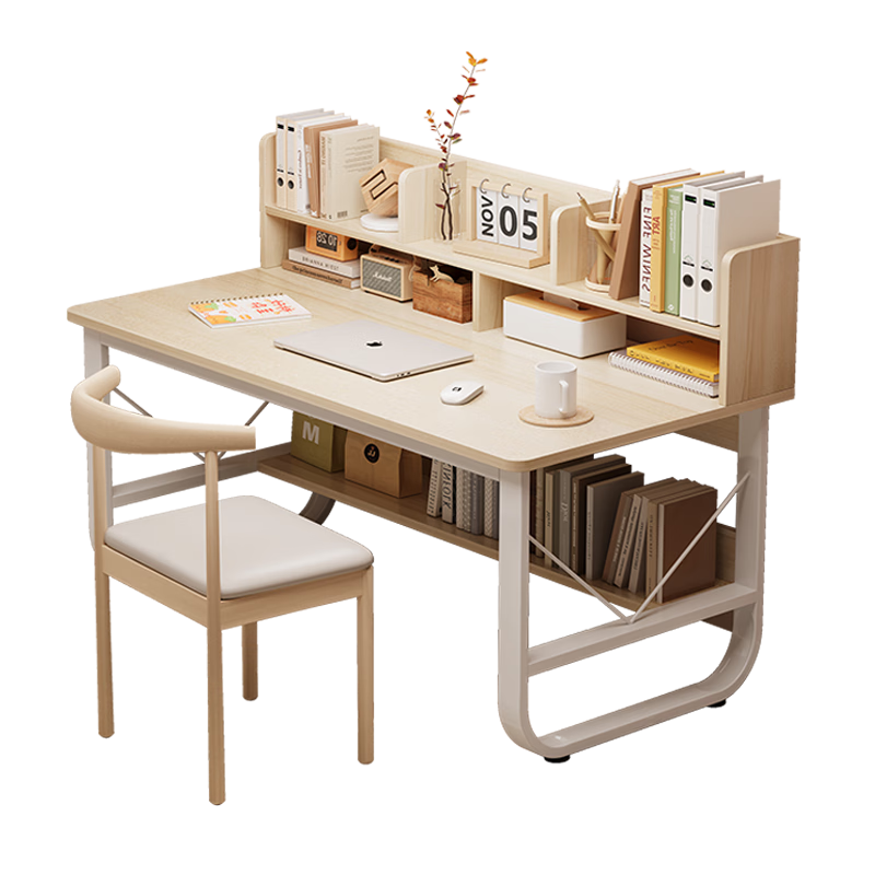 Xinyouliangjia Computer Desk with Integrated Bookshelf, Office And Home Study Table A062 Maple Cherry Wood Color + White Shelf 80cm
