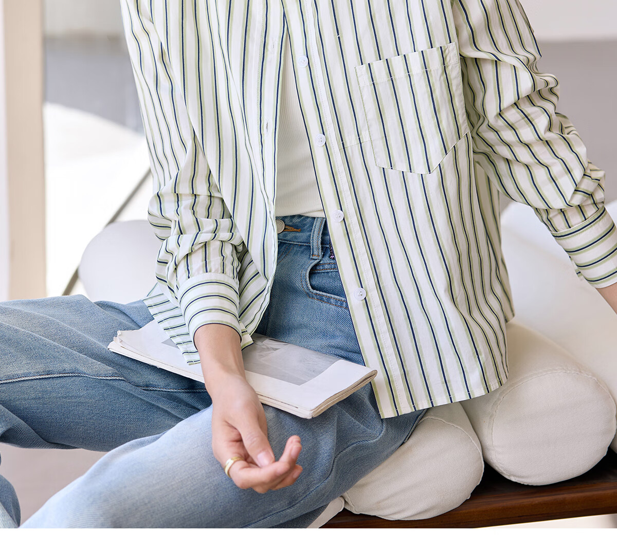 Chushen Women's Long-Sleeve Shirt, Contrasting Color Lapel, Classic Striped Short Casual Commuter Pure Cotton Blouse S51S043 1