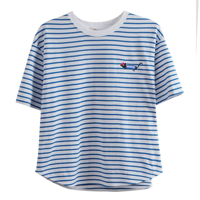 Olrain Blue and White Striped Short Sleeve T-Shirt Summer New Fashion Youthful Top Blue and White Stripes XL