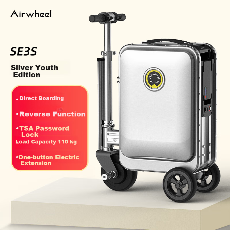 Airwheel Electric Scooter Suitcase, Rideable Smart Luggage with Seat And Mobility Function, 20-Inch Carry-On, Youth Edition - Silver