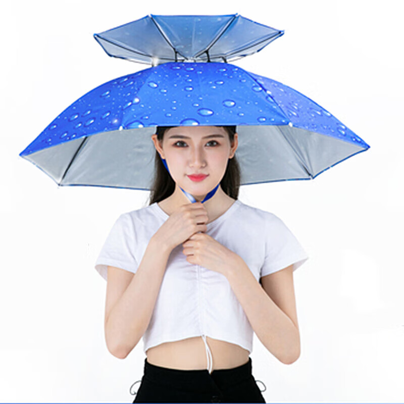 Adandyish Fishing Umbrella Hat, Foldable Double-Layer Tea-Picking Head Umbrella Hat, Raindrop Blue Silver-Gray Color, 2-Piece Set