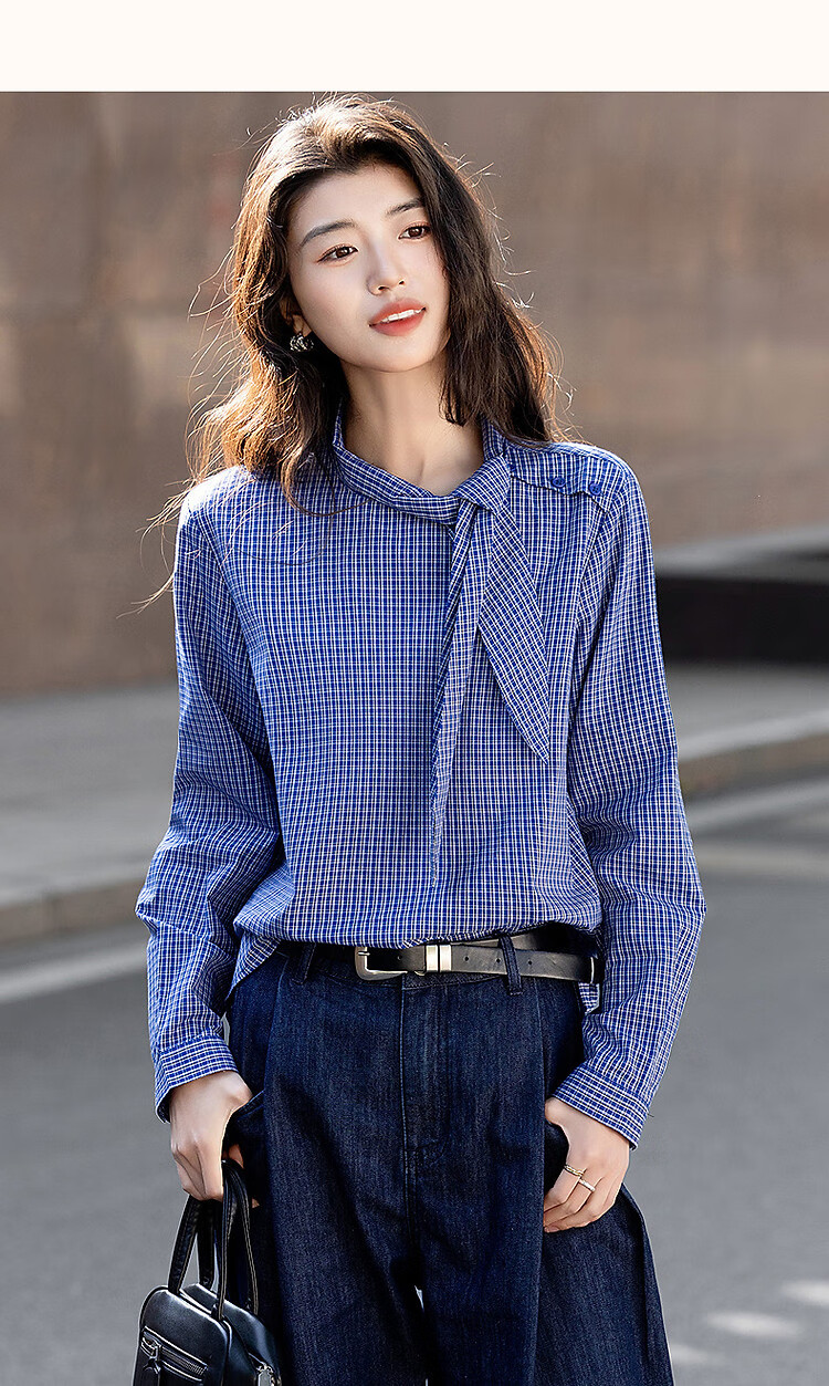 Dme [Pure Cotton Plaid] Autumn Literary Vintage Plaid Shirt with Tie Collar, Petite Elegant Blouse Women's Top 10