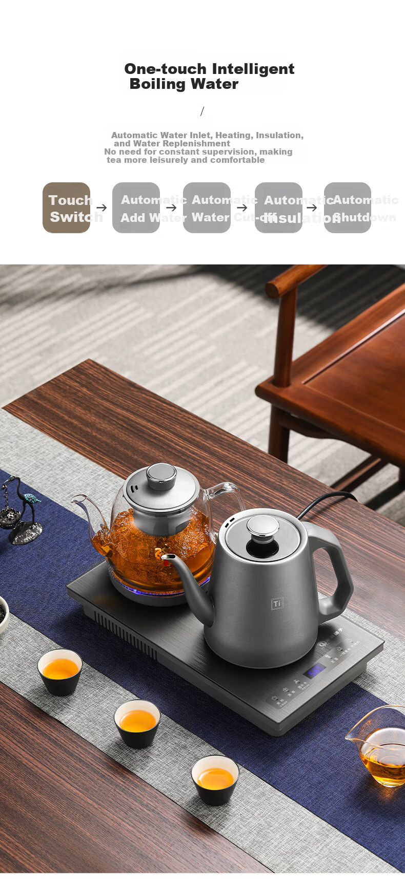Biooner Pure Titanium Fully Automatic Water-Heating Electric Kettle Tea Station, Tea Table, Built-In All-In Machine, Electric Teapot, Tea Set, Electric Tea Stove Set S82 Pure Titanium Steaming Tea Model 5