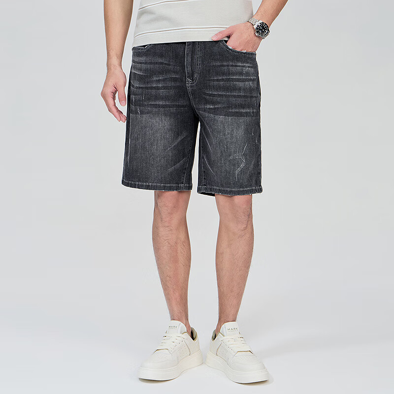 DANCING WOLVES [Bingyang Bar] Summer Fashion Cat Whisker Washed Cool Breathable Men's Denim Shorts, 009 Blue-Gray, Size 32