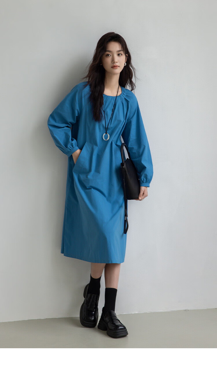 Dme Simple Healing Blue Long Dress Spring Autumn Round Neck Pullover Gathered Long Sleeve Mid-Length Dress 10