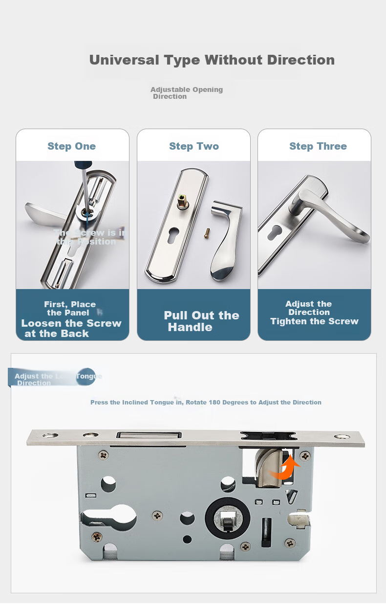 Chugong Door Lock, Interior Door Lock, Bedroom Door Lock, Stainless Steel Adjustable Wooden Door Handle Lock, Adjustable Panel, 125 Lock Body 3