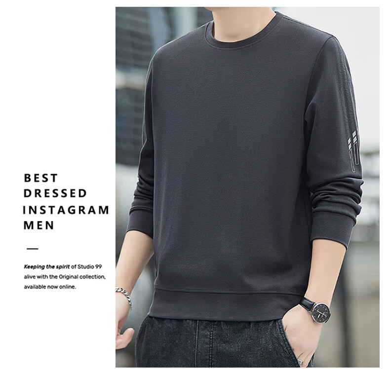 ROMON Men's Sweatshirt, Spring And Autumn Round Neck Loose High-End Long-Sleeve T-Shirt, Comfortable Base Layer Jacket for Men, 8939 Dark Gray 2XL 17
