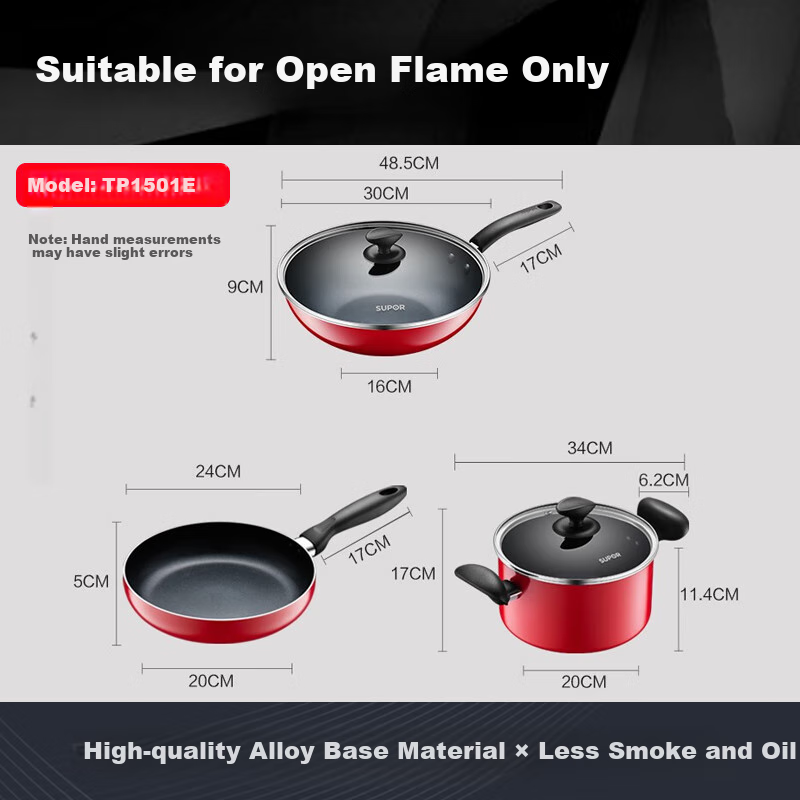 SUPOR Cookware Set Non-Stick Wok, Frying Pan, And Soup Pot Three-Piece Set Compatible with Open Flame And Induction Cooktops