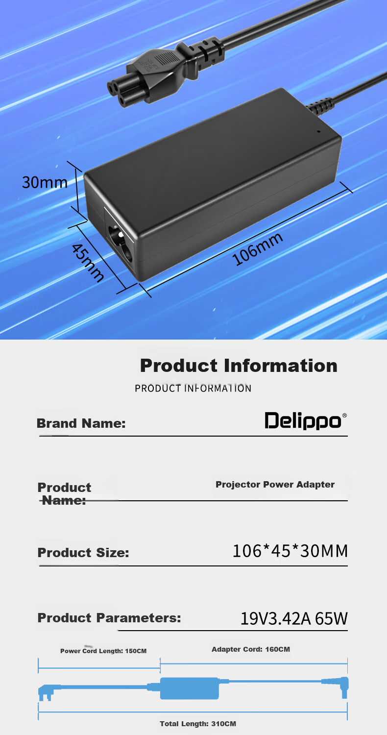 Delippo Projector Power Adapter, 19V3.42A, Compatible with XGIMI Z6 Z6X Z4 XZ4 Play Special Edition, Charger Cable, 65W 4