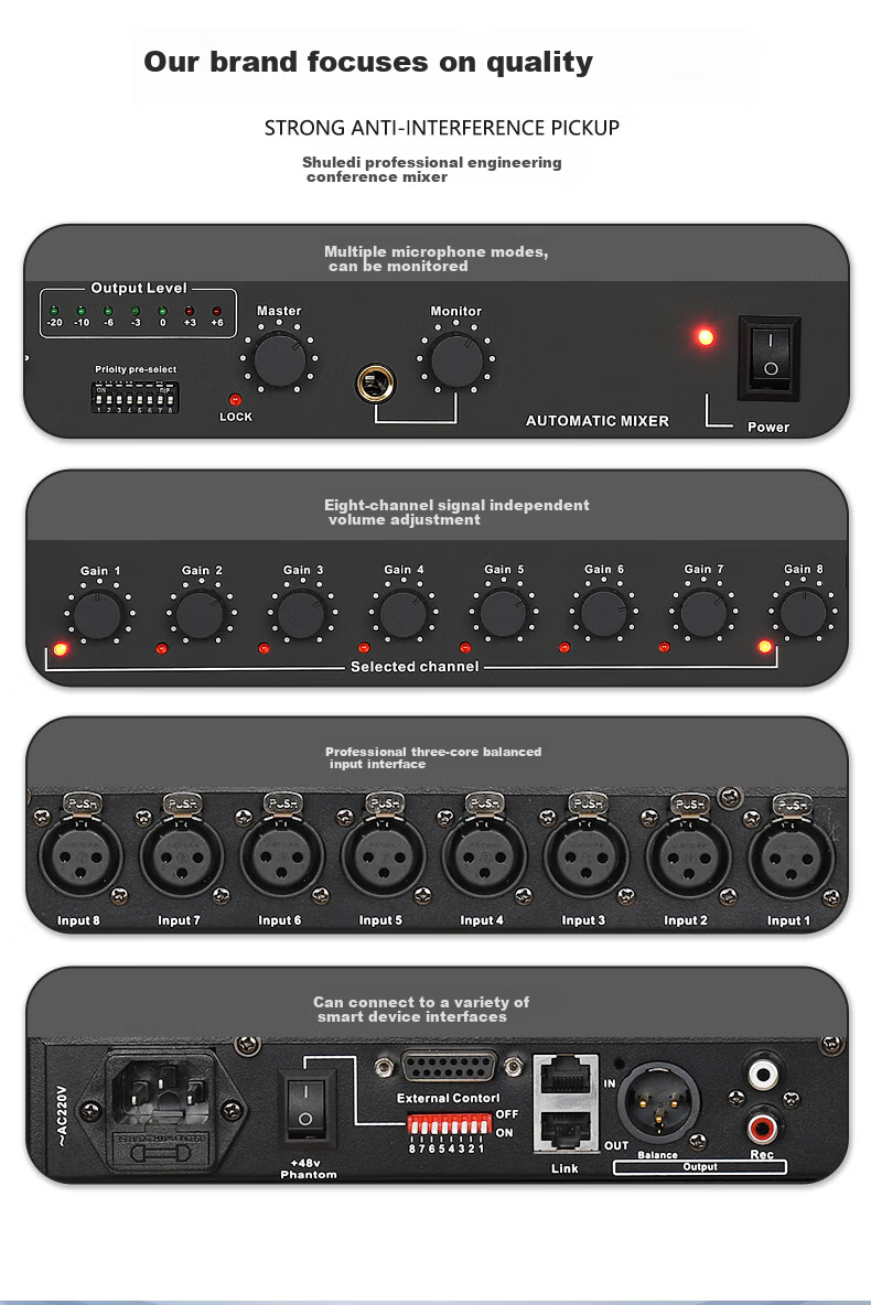 Shuledi AV-2306 Domestic Wired Microphone Mixer, Conference Microphone Expander, 48V Power Supply, Professional Audio Equipment (12 Channels) 12