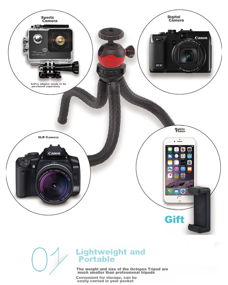 Earlymen EM-123 Octopus Desktop Tripod, Vlog Short Video Host Desktop Stand, Phone Selfie Stand, Portable Versatile with Phone Clamp + Remote Control 10
