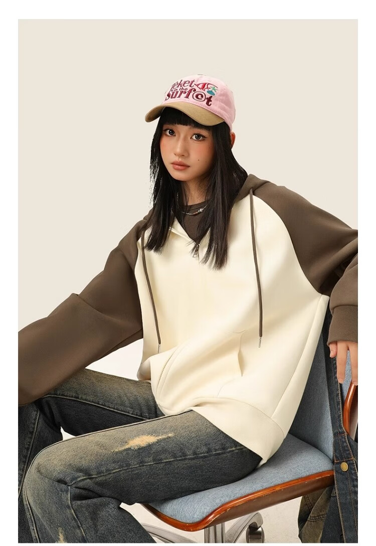 Huili Women's Hoodie Jacket, 2026 New Spring And Autumn Style, Color-Block American Retro Design, Middle School Student Hooded Cardigan, High-End Spring Outfit 7