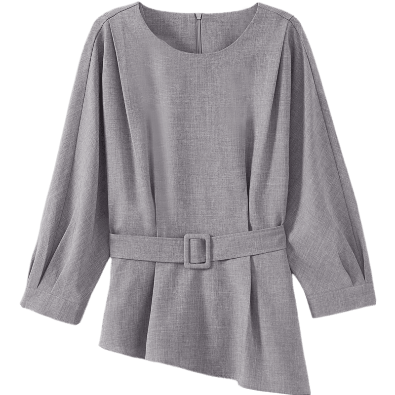 Dme [Suyanjinshi] Spring And Autumn Literary Style Floral Yarn Three-Quarter Sleeve Waist-Cinching Shirt Asymmetric Commuter Blouse