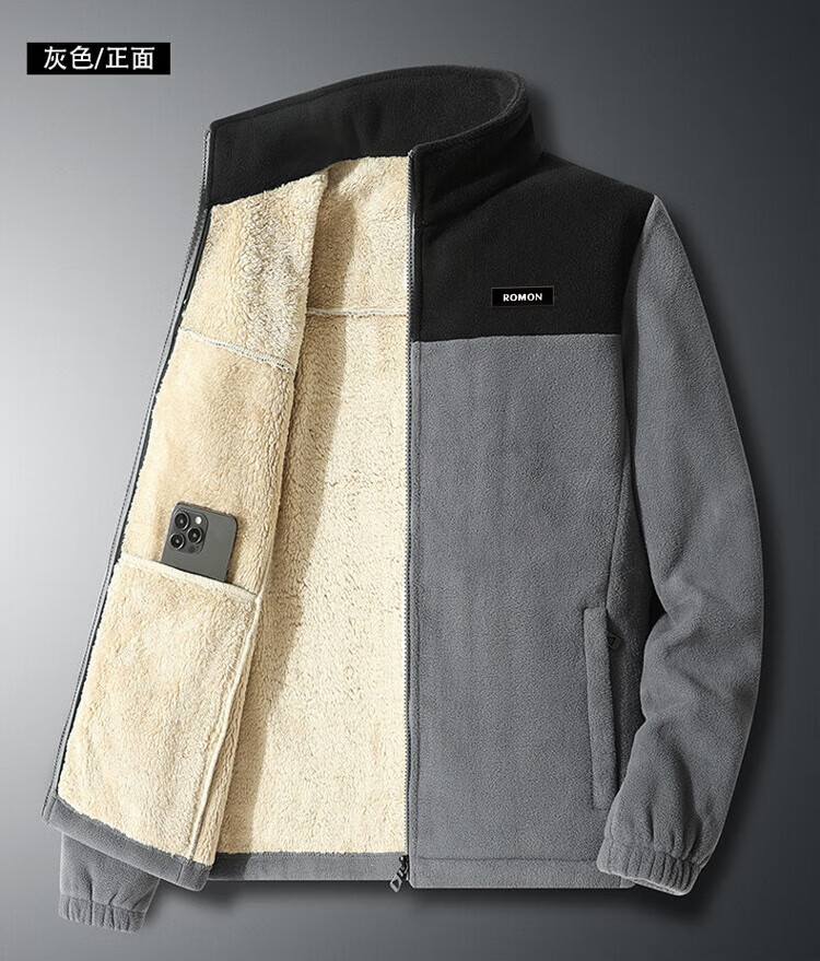 ROMON Jacket for Men, Autumn And Winter Trendy Baseball Jacket, Fleece Coat, Thickened Stand-Collar Fleece Outerwear, Men's Clothing ZR58 Black 3XL 10