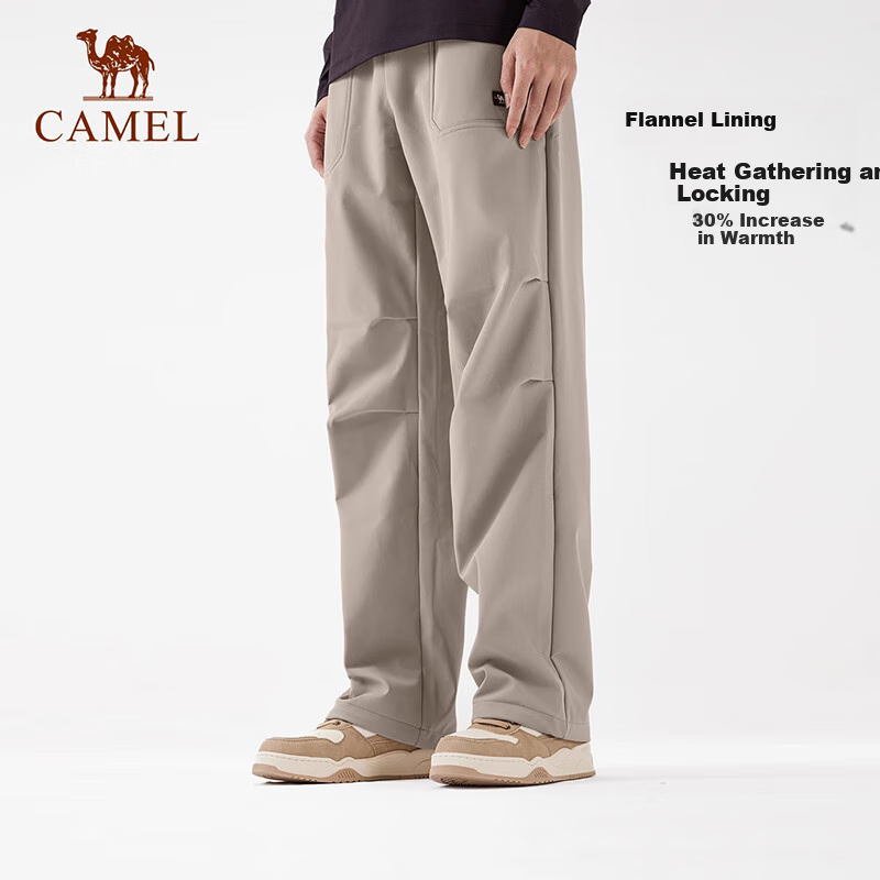 CAMEL [Wang Junkai Style], Men's Outdoor Ski Pants with Fleece Lining, Cold-Resistant, Warm, Water-Repellent, Loose-Fitting Cargo Pants for Women, 1776
