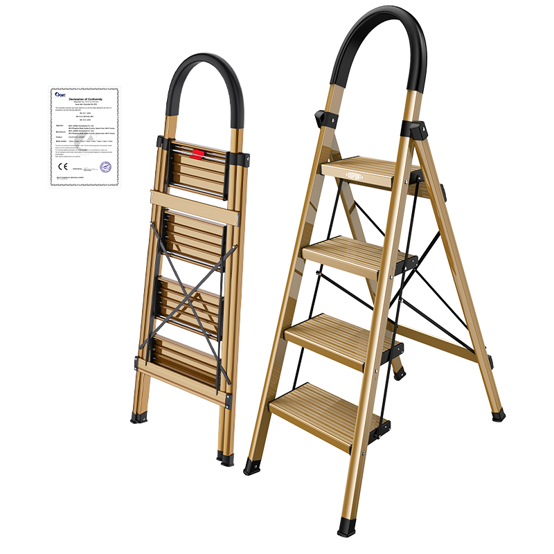 DU PONT Folding Aluminum Alloy Ladder for Home Use, Thickened A-Frame Ladder, Climbing Ladder, Safety Ladder, Handrail Ladder, Champagne Gold, 4 Steps