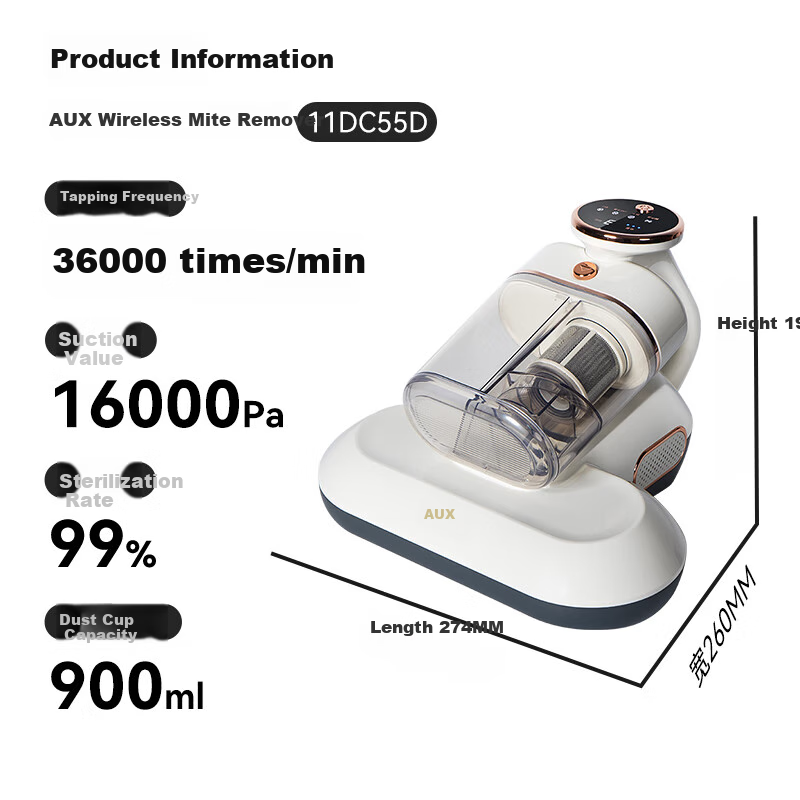 AUX Wireless Mite Remover, Household Bed Mite Eliminator, UV Ultrasonic Roller Brush Sterilizer, Multi-Purpose Vacuum Cleaner for Dust And Mites, AXC-11DC55D