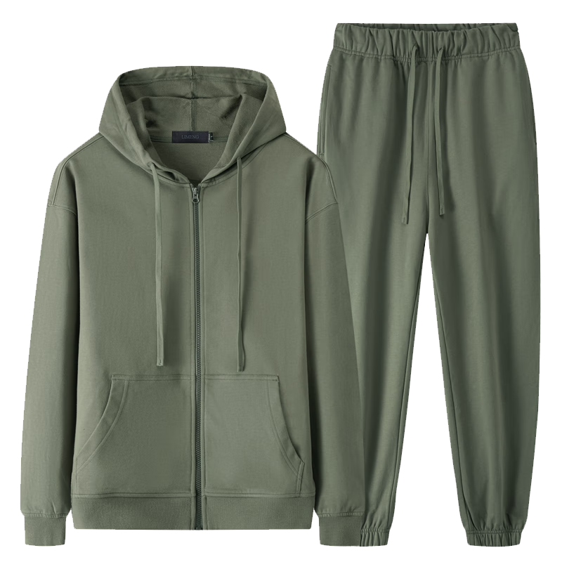 LIMENG Pure Cotton Casual Sports Suit Men Drop Shoulder Loose Fit Spring Autumn Cardigan Men's Sweatshirt Two-Piece Set Earth Gray L