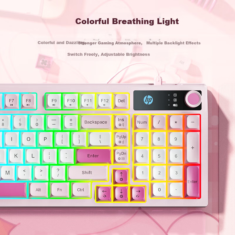 HP K500F Mechanical Feel Wired Keyboard, Quiet Multifunctional Knob for Office And Gaming, Compatible with Desktop Computers And Laptops, Pink And White Color, 98-Key Layout