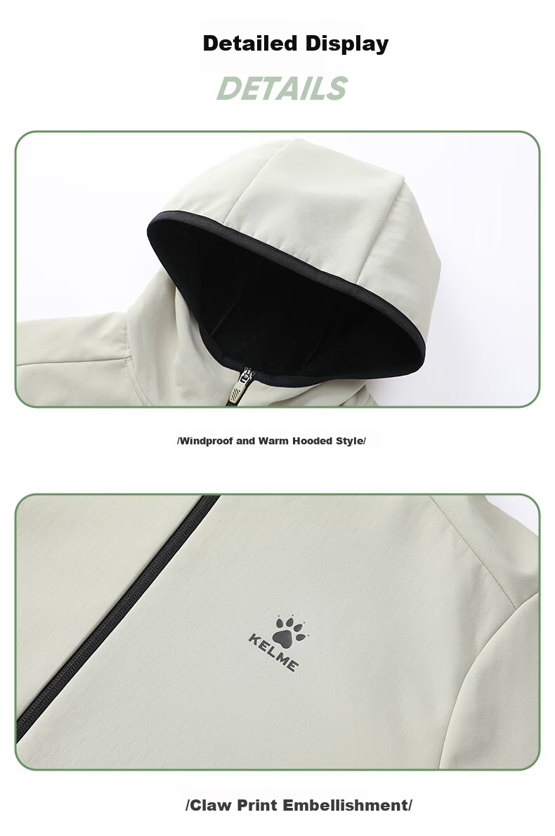 KELME YingSha Sports Windbreaker Woven Jacket Men's Winter Windproof Waterproof Hooded Fleece Lined Jacket Light Gray L 8