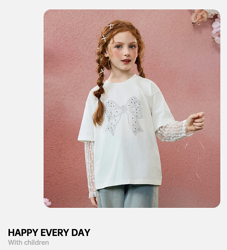 ASK JUNIOR Children's T-Shirt with Two Layers, Spring 2026 Girls' Butterfly Bow Lace Long-Sleeve Base Round Neck Top, Off-White, Size 130 9