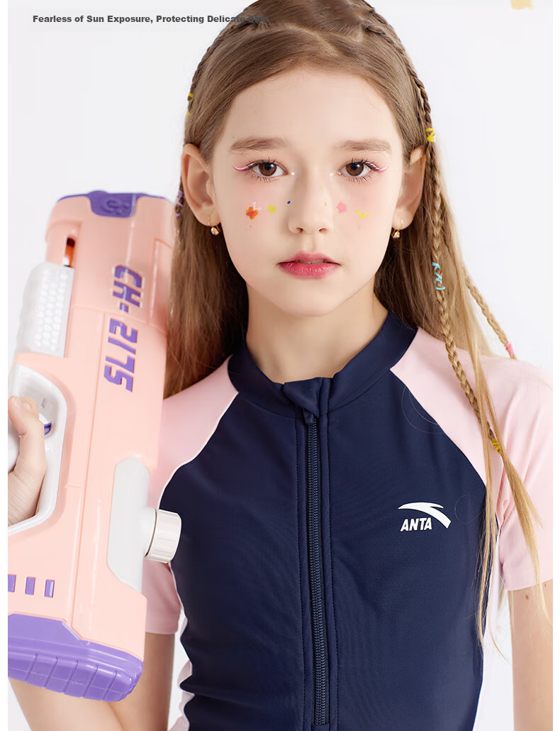 ANTA Children's Swimsuit, New Style Girls' One-Piece Boyleg, Professional Training Swimwear for Students, Big Kids Swimming Suit, Blue And Pink, Size 110 4