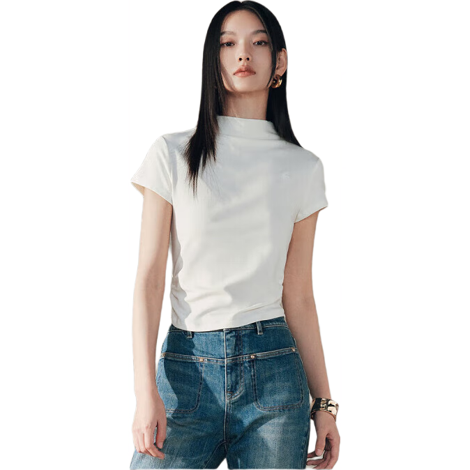 Peacebird Women's Slim Fit Half Turtleneck Short Sleeve T-Shirt Spring Waist-Cinched French Style Cropped Top Off-White 1 M