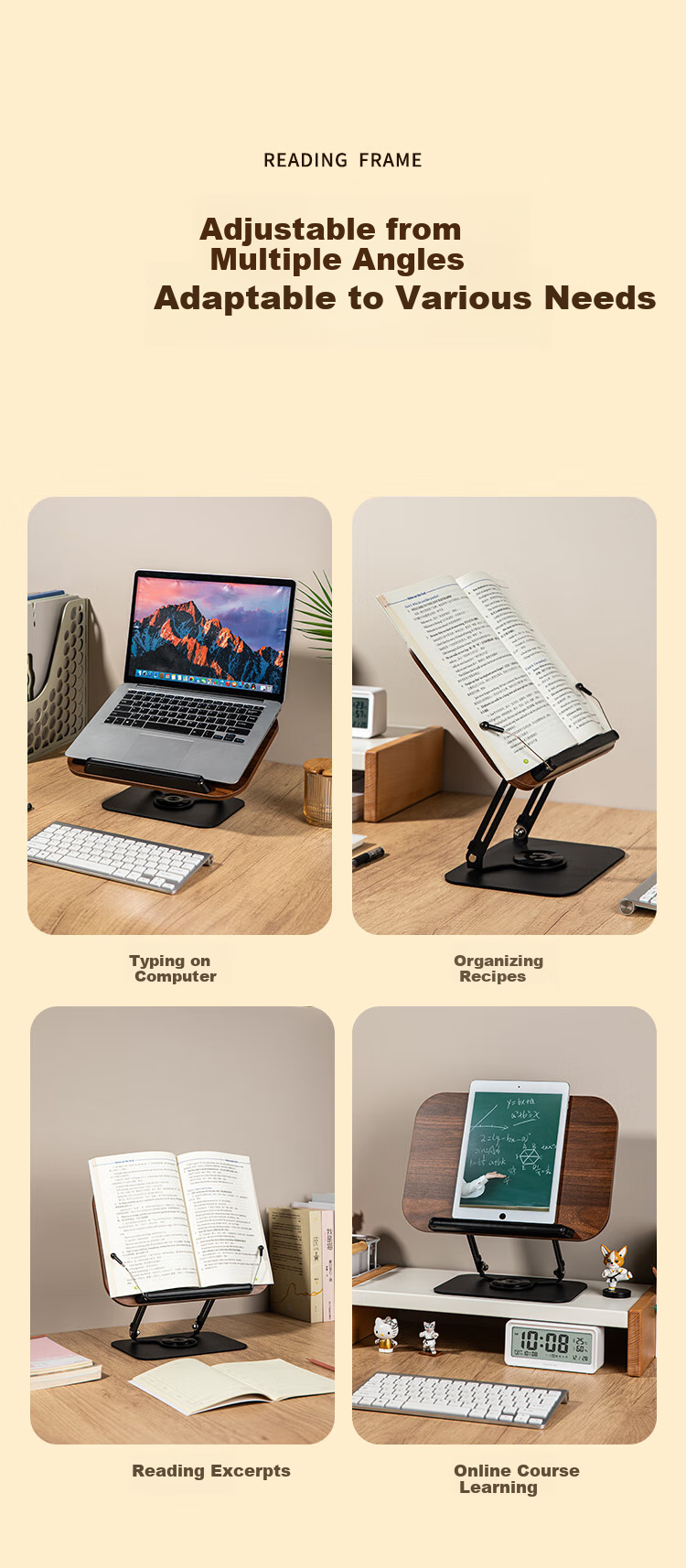 COMIX Wooden Reading Stand, 360° Rotating Support, Book And Writing Stand, Foldable Adjustable Height Multifunctional Student Desk Organizer, Children's Birthday Gift, XS-79 Brow 7