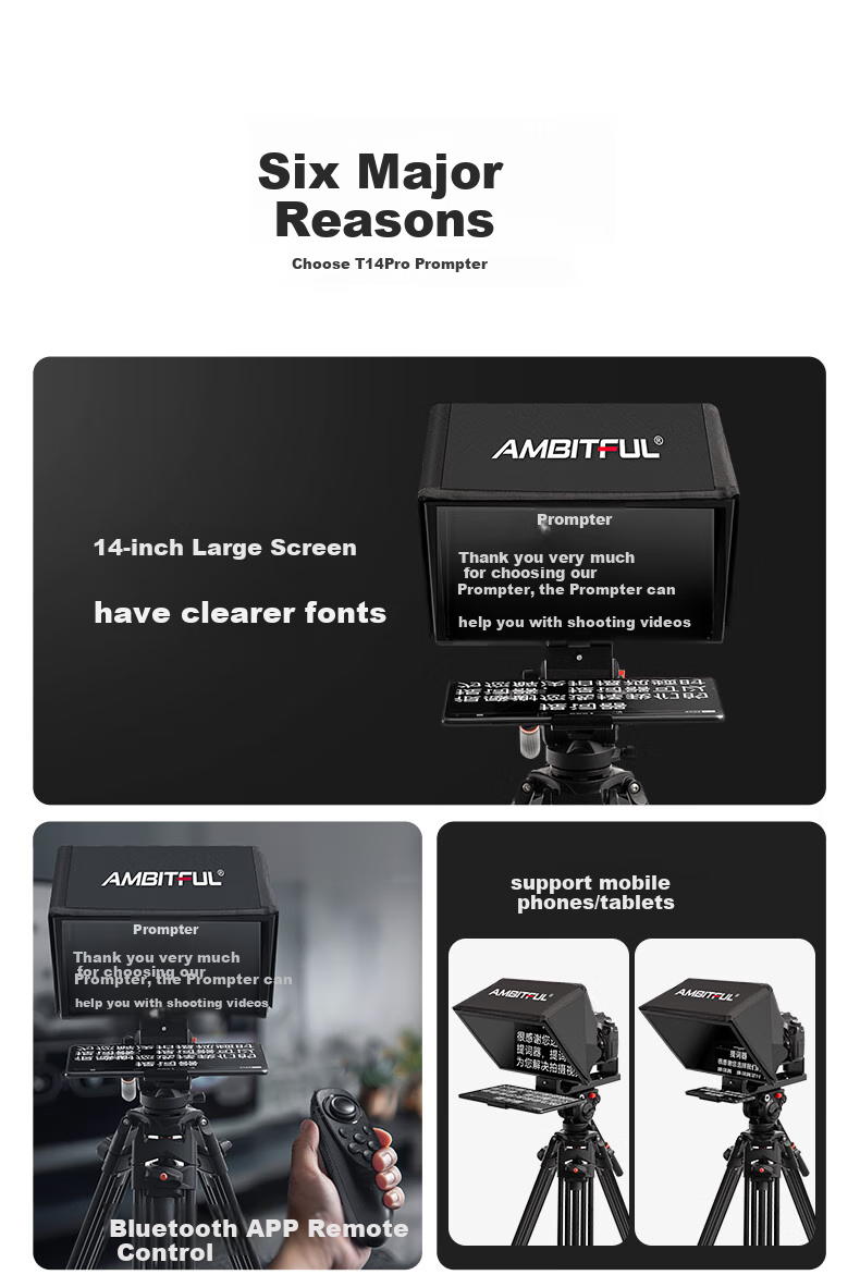 AMBITFUL T14Pro Large Screen Teleprompter Host Phone Tablet DSLR Mirrorless Camera Portable Teleprompter Video Recording Prompt Subtitle Live Streaming Interview Gaffe-Fixing Device 2