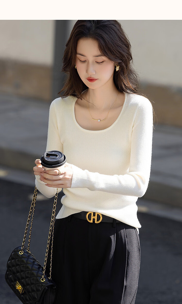 DME Winter Port Style Low Round Neck Slim Fit Concealing Long Sleeve Knit Top for Women Off-White M 25