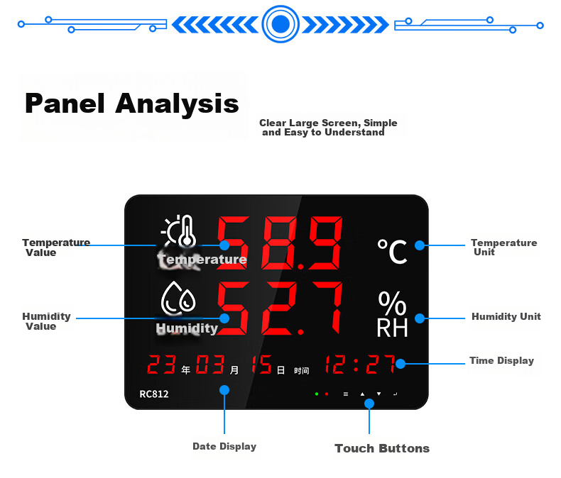 Rongce Industrial-Grade Temperature And Humidity Meter, Indoor Home Large-Screen Display Recorder, Embedded RC812 with Built-In Probe 9
