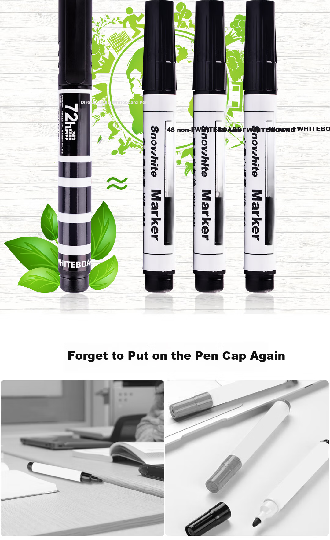 Snowhite Three-Tank Direct Liquid Whiteboard Markers, Erasable, Large Capacity, Highly Durable, Easy to Erase, Marker Pens for Office And Meetings, 8-Pack, Green WB588 6