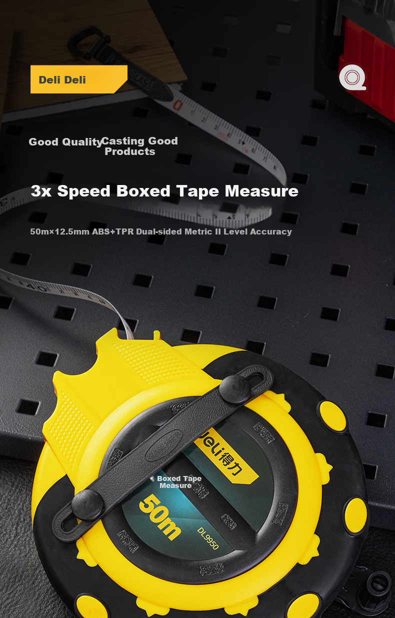 Deli 50-Meter Triple-Speed Fiber Tape Measure, Playground Box-Type Leather Tape Measure, Flexible Ruler, Telescopic Ruler, Engineering 50m 1