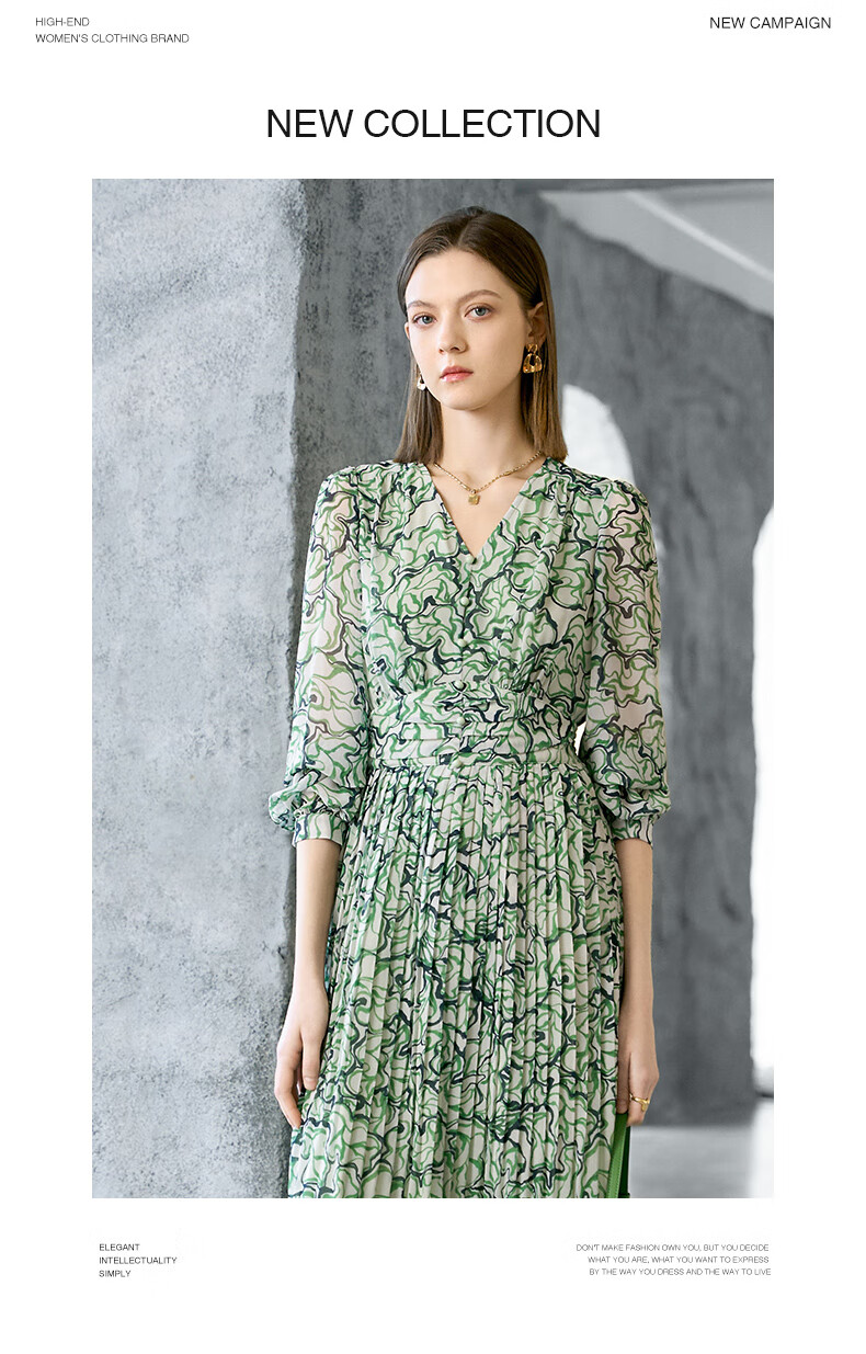 YANYEE Elegant Floral Print A-Line Skirt, 2025 Early Spring, Waist-Cinching Slimming, Commuter Style, V-Neck, Three-Quarter Sleeve Dress, Green Floral Pattern, Size M 3