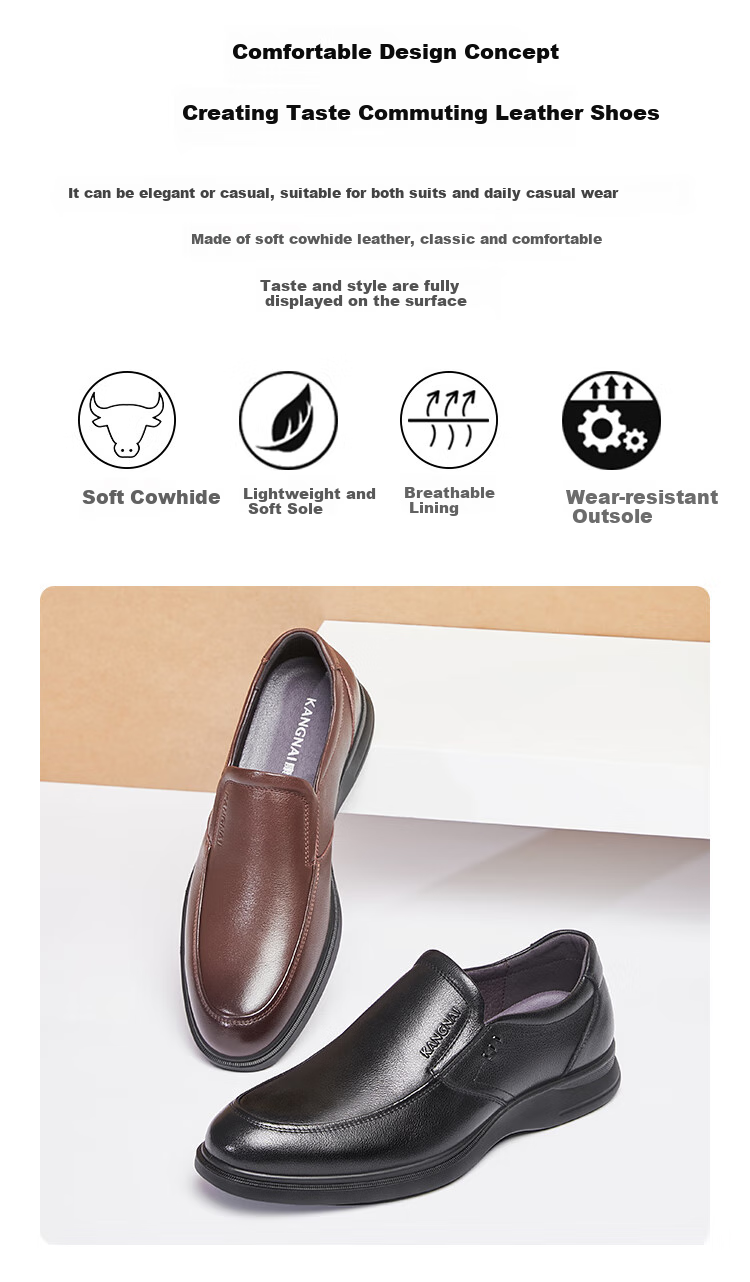 Kangnai Men's Shoes, Spring And Autumn Slip-On Round Toe Business Casual Leather Shoes, Commuter Simple Cowhide Shoes, Black, Size 38 2