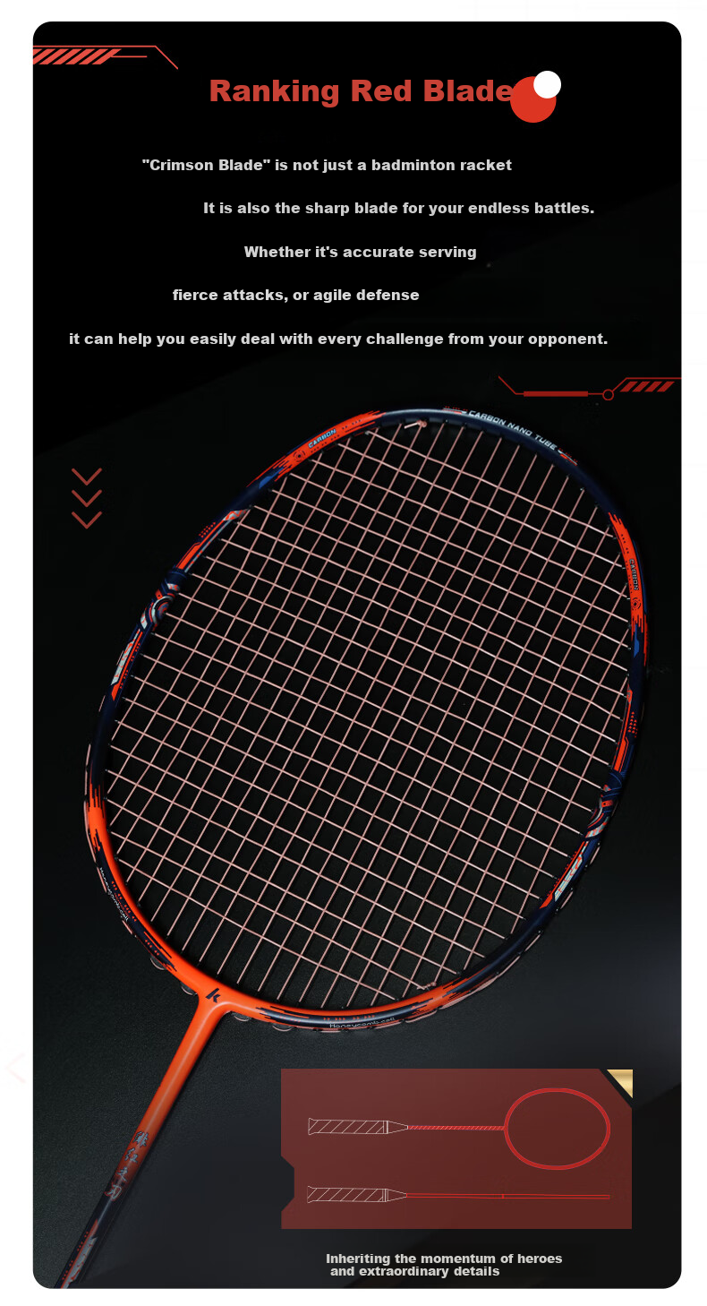 Kawasaki Badminton Racket, Full Carbon Fiber Single Racket, 5U Ultra-Light Racket, Blood Red Blade Orange-Red (Pre-Strung) 3