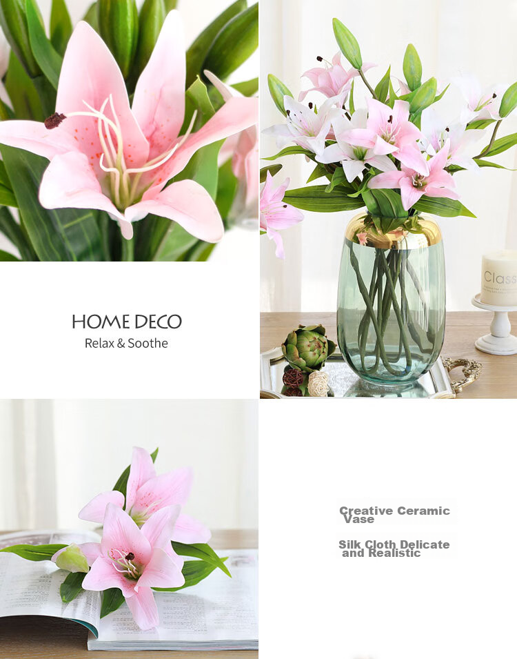 SUGER LOVE Nordic Style Multi-Head Lily Artificial Flower Bouquet, Living Room Decoration, Textured Silk Flowers, Fake Plants, Plastic Flowers 6
