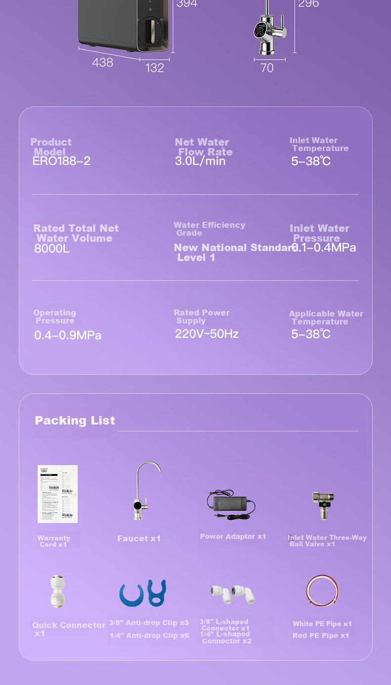 ECOWATER Water Purifier for Home Kitchen Under-Sink Equivalent 1400G Long-Lasting RO Membrane Reverse Osmosis Fresh Water Dispenser with Zero Stale Water, Baby-Friendly Water Venus MAX Compact Household Appliance Subsidy ERO188-2 12